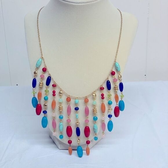 Glass Waterfall Necklace Multicolor Drop 26” Gorgeous - Picture 3 of 9